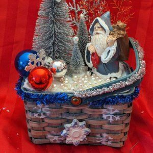 Vtg German Santa Blue Robes Holding Shoes In Blue Basket